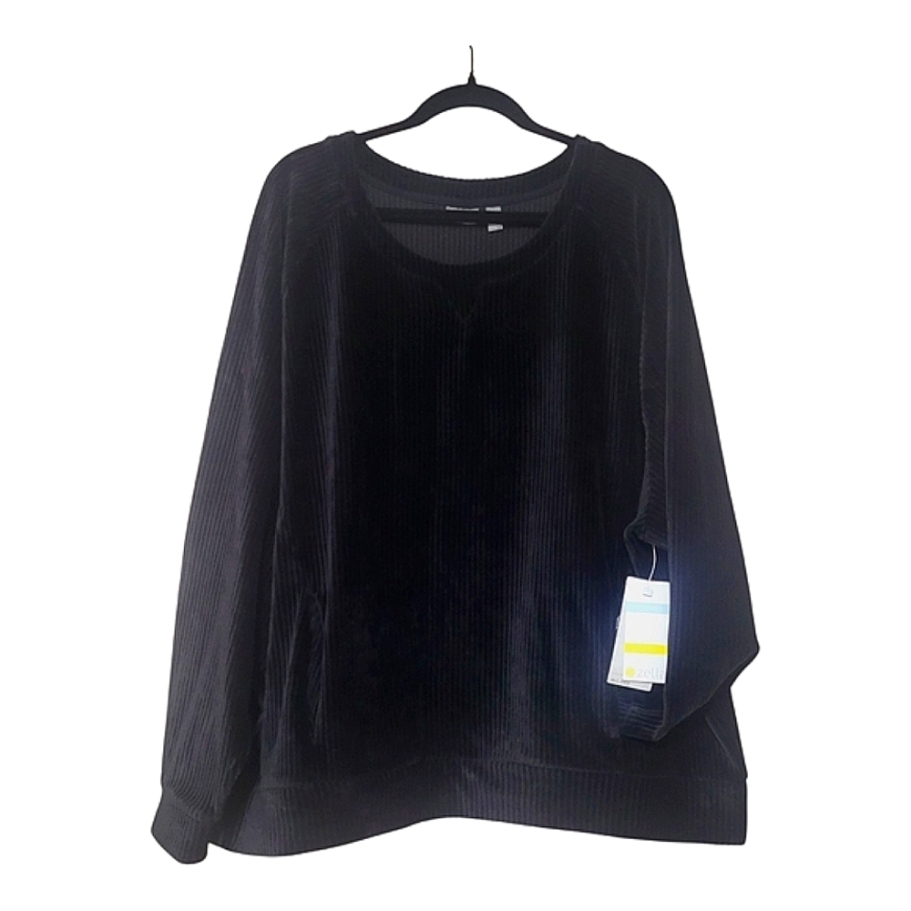 Zella Womens Black Velvet Sweatshirt Ribbed W‎ Pockets New - Cozy Relaxed Winter